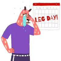 a cartoon drawing of a man crying in front of a calendar that says leg day