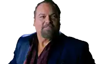 a man with a beard is wearing a blue suit and a scarf