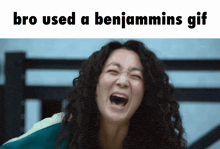 a picture of a woman laughing with the words bro used a benjamins gif below it