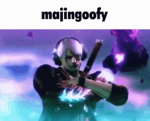 a man wearing headphones is holding a sword and the word majingoofy is on the bottom