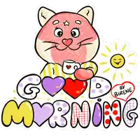 a drawing of a cat holding a cup of coffee with the words good morning by birene