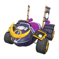 a purple and yellow toy car with a samurai helmet on the front