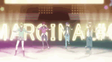 a group of anime characters are dancing on a stage in front of a sign that says marginal # 4 .