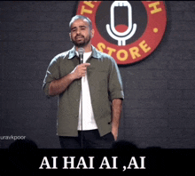 a man is giving a speech in front of a sign that says " store "