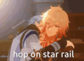 a couple of anime characters hugging each other with the words hop on star rail below them