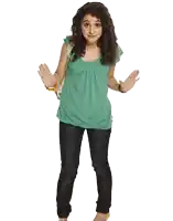 a girl in a green shirt and jeans is making a silly face