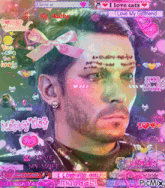 a man with a pink bow on his head is surrounded by pink hearts