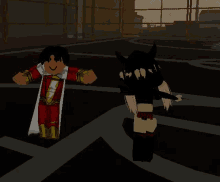 a boy in a superhero costume is standing next to a girl in a black superhero costume