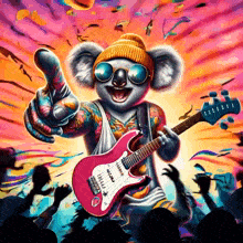 an illustration of a koala playing a guitar and giving a thumbs up