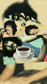 a cup of coffee is on a saucer next to a collage of pictures of a man