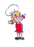 a little girl wearing a chef hat is holding a bowl
