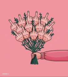 a person holding a bouquet of flowers that are giving the middle finger