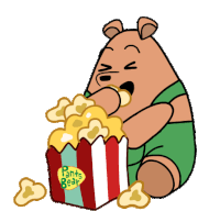 a cartoon bear is eating popcorn from a box that says pants bear