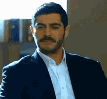 a man with a beard and mustache is wearing a suit and a white shirt