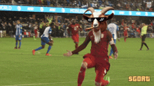 a soccer player with a goat 's head wearing sunglasses and a cigarette in his mouth