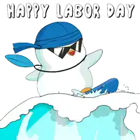 a penguin wearing sunglasses and a blue hat is riding a wave on a surfboard