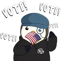 a penguin wearing a blue hat is holding an american flag and says vote