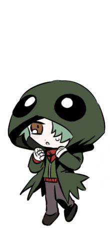 a drawing of a person wearing a green hood