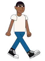 a cartoon of a man wearing a white shirt and blue jeans is walking