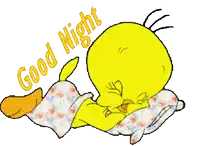 a tweety bird laying on a bed with the words " good night " written above it