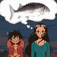 a cartoon drawing of a boy and a girl with a fish in a thought bubble
