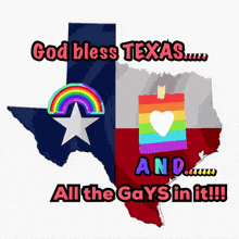 a texas map with a rainbow and a heart on it
