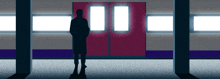 a silhouette of a man standing in front of a red door