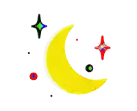 a colorful drawing of a yellow crescent moon and stars