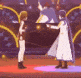 a man and a woman are standing next to each other on a stage in a video game .