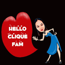 a woman in a blue dress is standing next to a red heart that says hello clique fam .