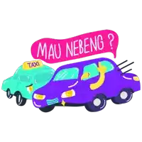 a cartoon illustration of two cars and a speech bubble that says mau nebeng