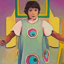 a cartoon drawing of a girl wearing a blue dress with circles on it