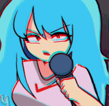 a cartoon girl with blue hair is singing into a microphone