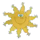 a cartoon drawing of a smiling sun with arms spread out