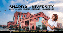 a woman points to a sharda university building