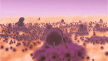 a computer generated image of a purple and orange landscape with a purple object in the middle .