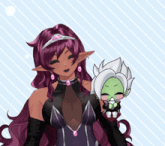 a woman with purple hair and a tiara holds a small green monster