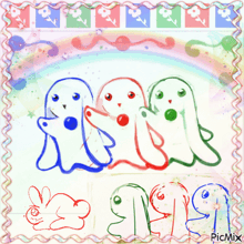 a drawing of ghosts and a rabbit with picmix written on the bottom right corner