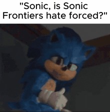 a picture of a cartoon character with the caption " sonic is sonic frontiers hate forced "