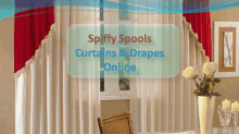 a dining room with a sign that says spiffy spools curtains and drapes online