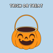 a cartoon of a dinosaur in a pumpkin bucket holding a lollipop with the words trick or treat below it