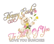 a happy easter greeting card with a white bunny holding flowers