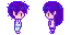 a pixel art of two girls with purple hair standing next to each other on a white background .