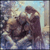 a painting of a woman touching a knight 's face