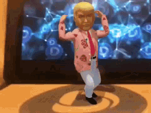 a cartoon of donald trump is dancing in front of a screen .