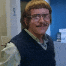 a man with glasses and a mustache is wearing a vest and a wig .