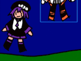 two cartoon characters one with purple hair and the other with orange hair are standing next to each other