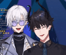 a couple of anime characters are standing next to each other and one of them has horns on his head