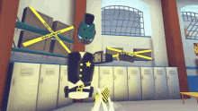 a cartoon character is standing in a room with under construction tape on the wall