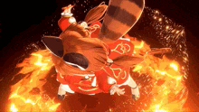 a cartoon character in a red dress is surrounded by flames .